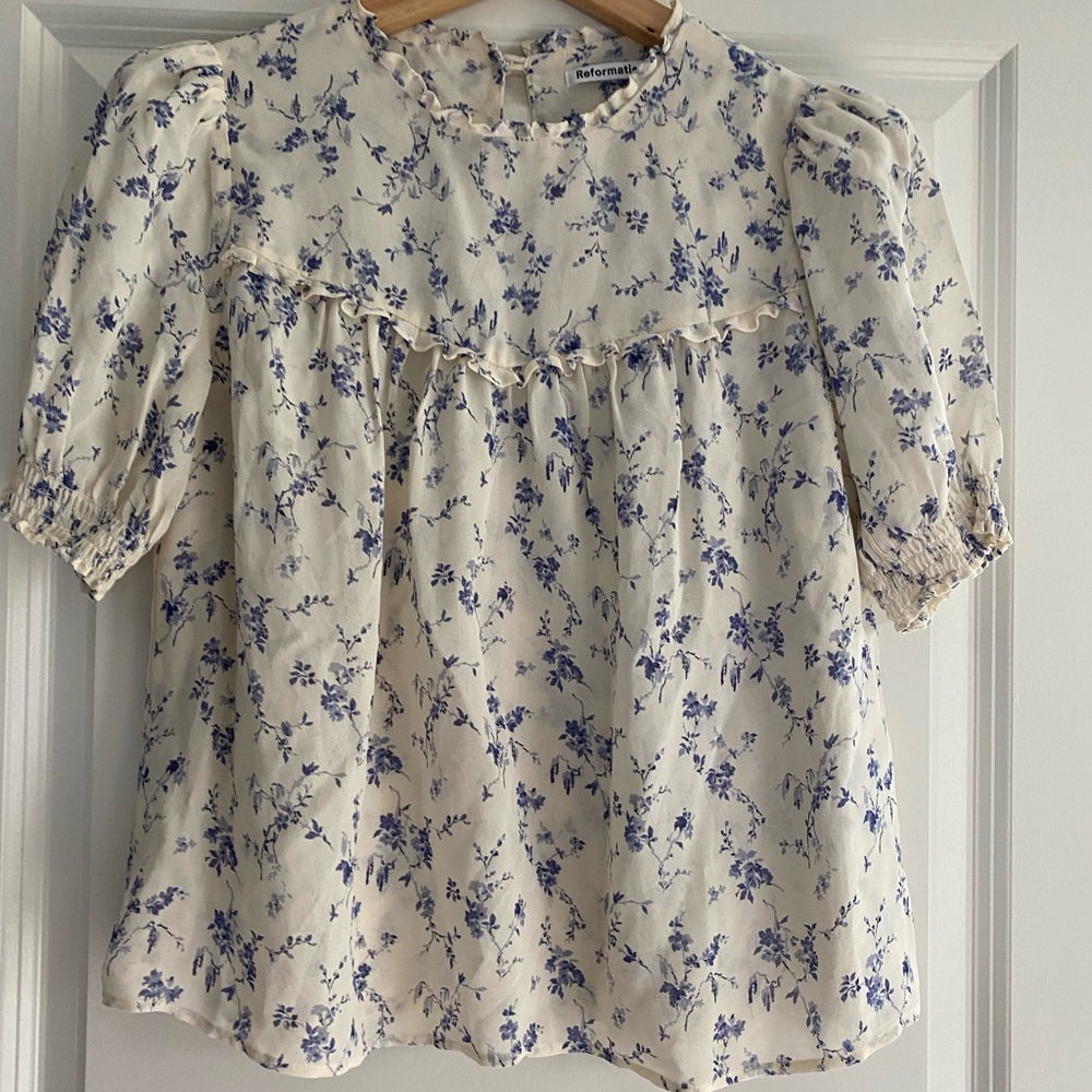 Reformation Cream Blouse with Blue Floral Print